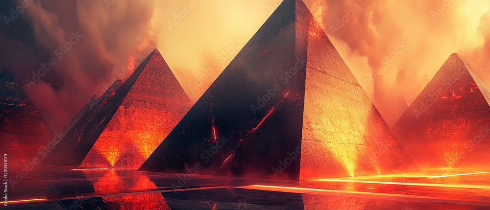 Poster 3d abstract pyramids and geometric shapes with ancient architecture and mysterious symbolism
