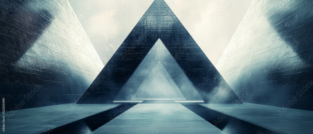 Poster exploration of abstract pyramids and ancient architecture with geometric symbolism