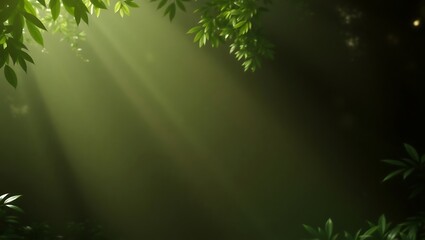 Peaceful green natural background with sunlight rays through trees perfect for nature themes, relaxation, and environmental projects