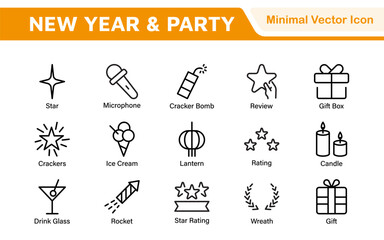 New Year & Celebration Icon Set. A festive collection of vibrant icons designed to enhance celebrations, perfect for party invitations, event promotions, and holiday-themed projects.
