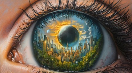 Eye Reflecting Cityscape: A Surreal, Dreamlike Painting
