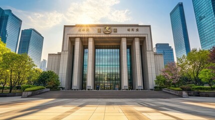 Obraz premium Modern government building in city center at sunrise.