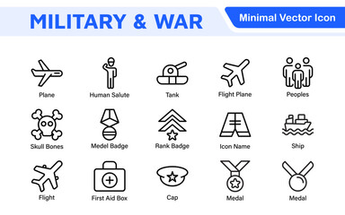 Military & War Icon Set. A powerful collection of icons representing defense and combat themes, perfect for enhancing educational materials, military websites, and historical projects.
