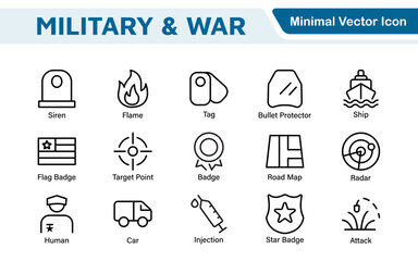 Military & War Icon Set. A powerful collection of icons representing defense and combat themes, perfect for enhancing educational materials, military websites, and historical projects.