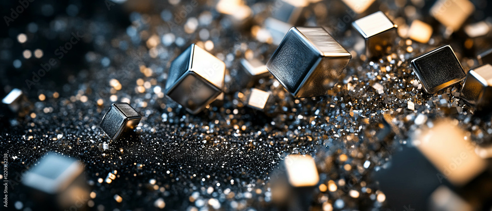 Poster futuristic abstract background with chrome cubes and glitter particles in dark setting