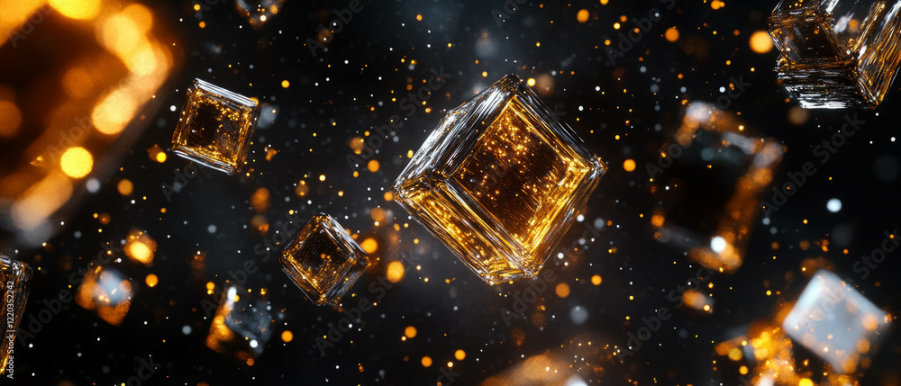 Poster abstract background featuring chrome cubes and glitter particles in a futuristic setting