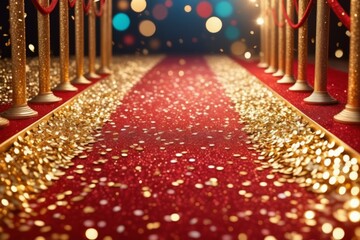 Red carpet with glitter for a glamorous event, symbolizing success, luxury, and celebration at a premiere