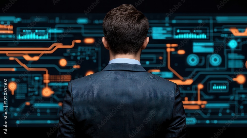 Aufkleber clean energy renewable startup concept. Professional looking at a futuristic digital interface filled with data and graphs.
