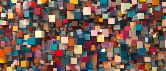 Vibrant compositional arrangement of abstract cubes in varying sizes and colors