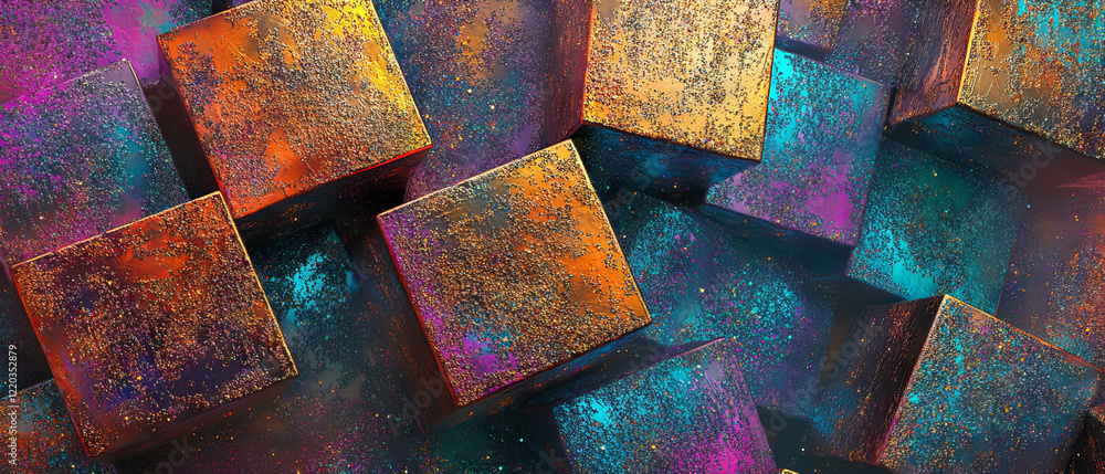 Poster intricate abstract design of glittering 3d cubes with vibrant textures and patterns