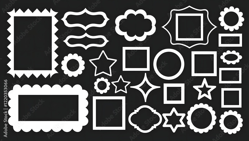 Poster a collection of white outlined vector frames and shapes on a black background creating a collage eff