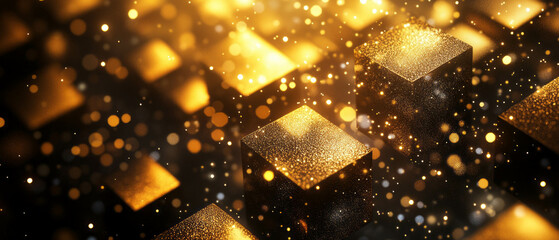 Vibrant cubes emit internal light and surrounded by glowing glitter particles creating magic