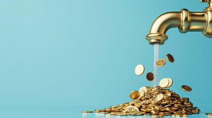 Flowing gold coins from a shiny faucet, forming a sparkling pile on a minimalist blue background
