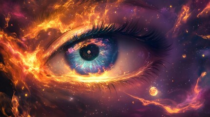 Cosmic Eye: Fiery Nebulae and Celestial Iris in a Surreal Painting