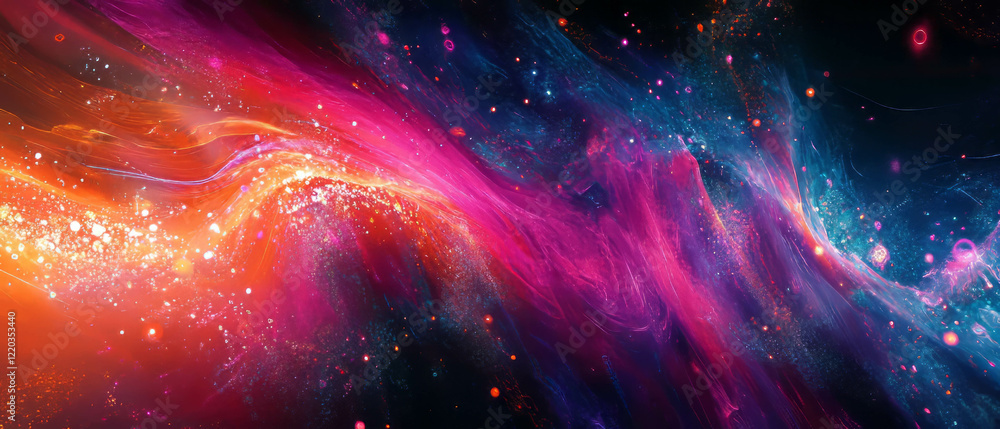 Aufkleber exploring digital landscapes with vibrant data streams and flowing particles