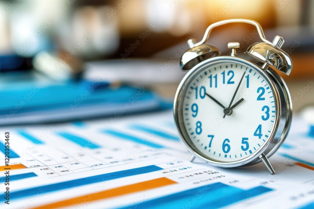 Poster an alarm clock is prominently displayed on a financial chart, symbolizing the importance of time man