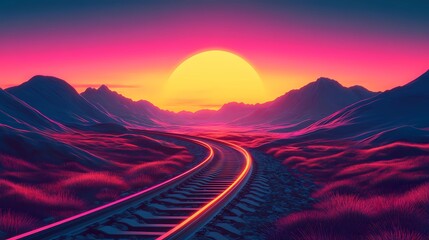 Retro futuristic background with glowing neon lights and a digital grid, illustrated in a vintage comic-inspired style