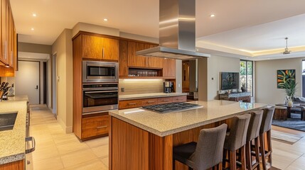 Functional kitchen design with integrated appliances, wooden cabinets, and neutral tones in a modern home