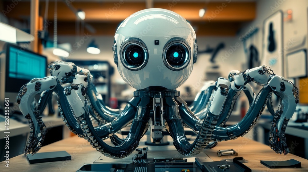 Poster machine learning isometric banner, artificial intelligence science, computer algorithm. octopus robo