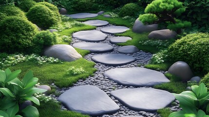 Serene Stone Pathway Through Lush Green Garden