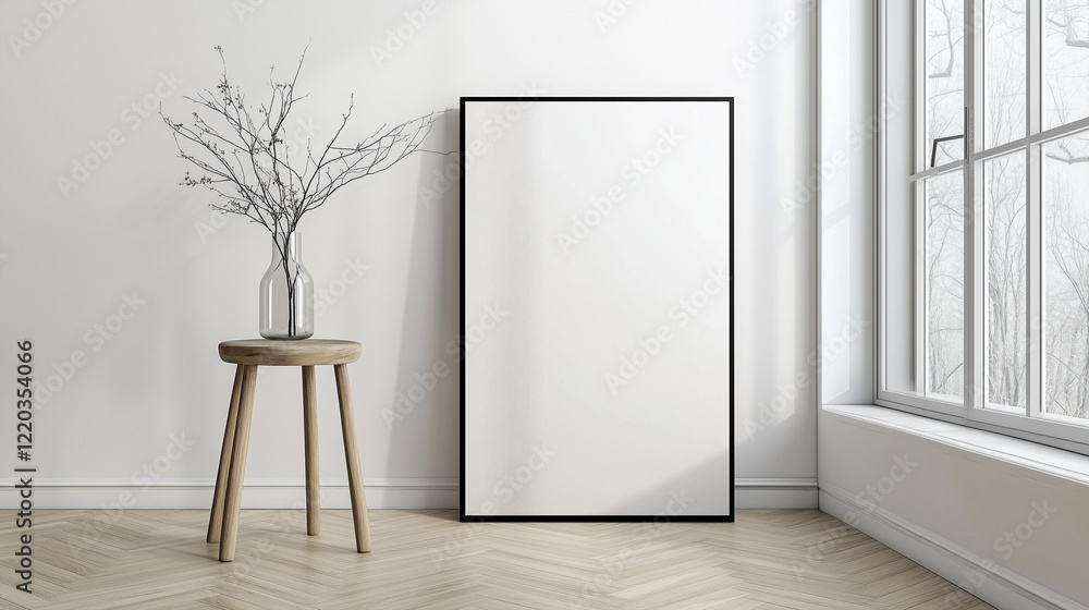 Poster minimalist modern interior with a leaning rectangular canvas against a white wall, complemented by a