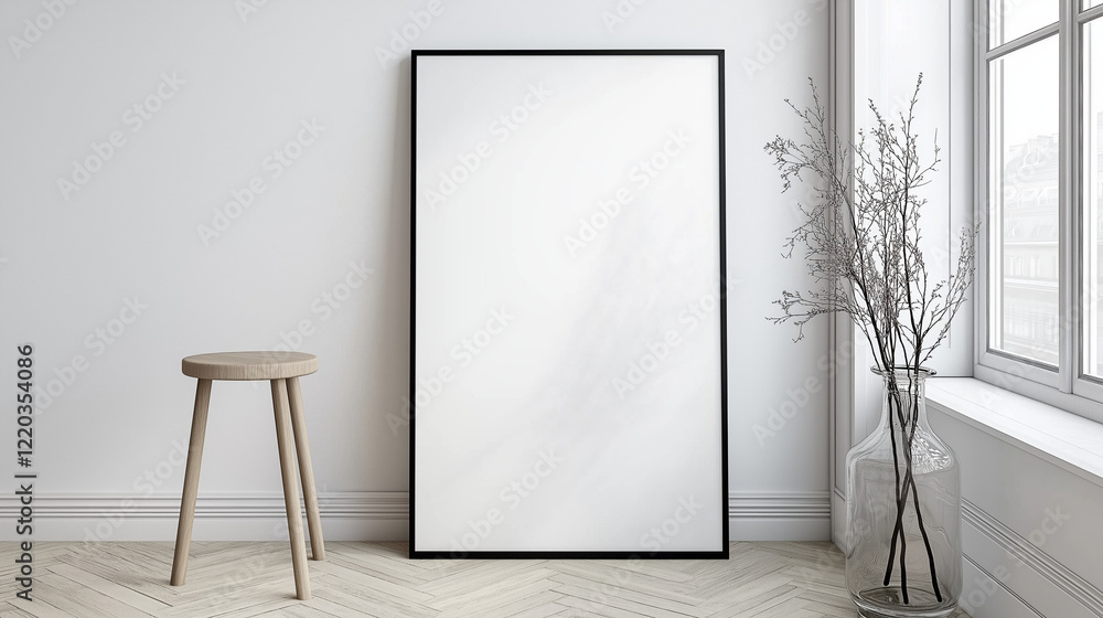 Poster minimalist modern interior with a leaning rectangular canvas against a white wall, complemented by a