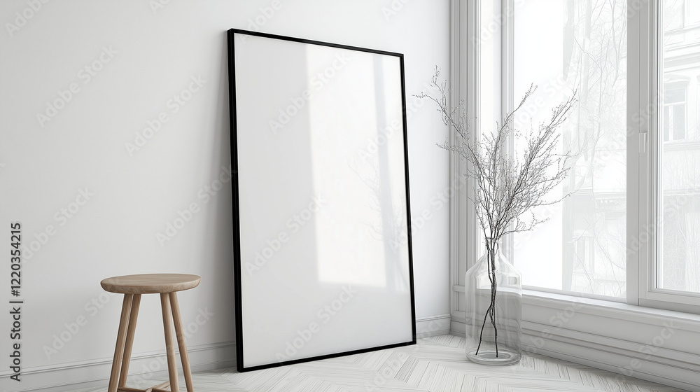 Poster minimalist modern interior with a leaning rectangular canvas against a white wall, complemented by a