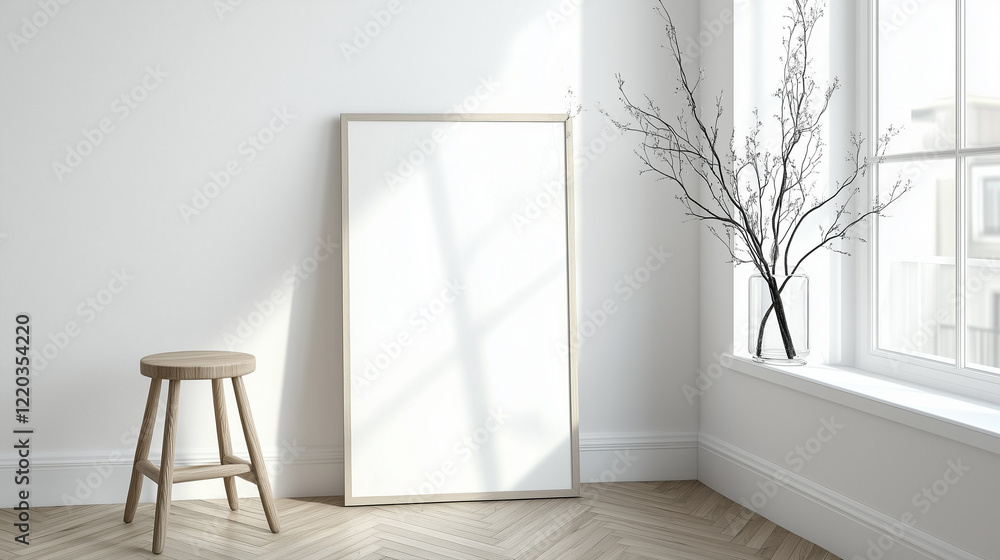 Poster minimalist modern interior with a leaning rectangular canvas against a white wall, complemented by a