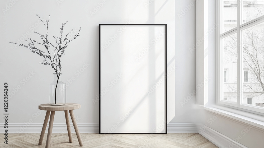 Aufkleber minimalist modern interior with a leaning rectangular canvas against a white wall, complemented by a