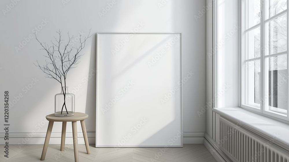 Poster minimalist modern interior with a leaning rectangular canvas against a white wall, complemented by a