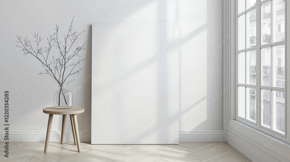Poster minimalist modern interior with a leaning rectangular canvas against a white wall, complemented by a