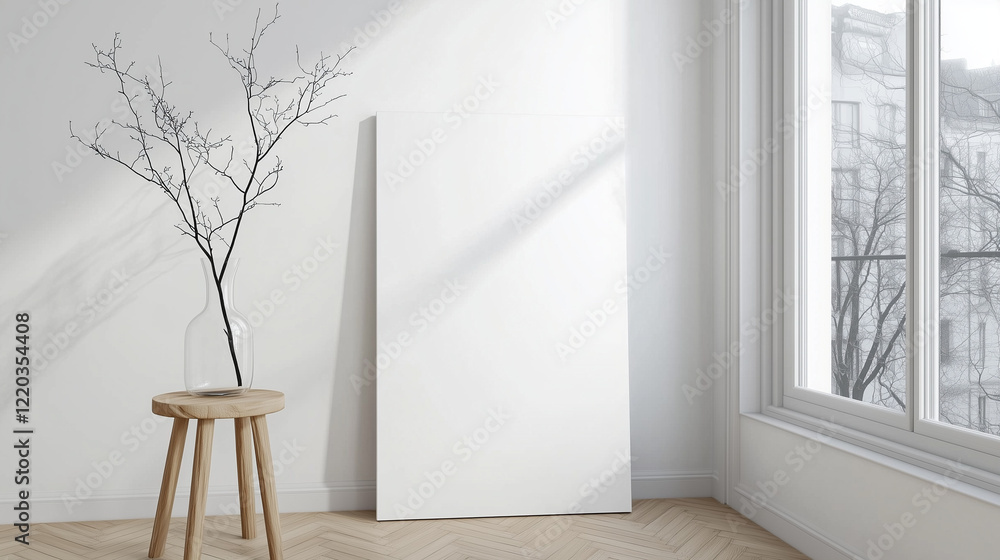 Poster minimalist modern interior with a leaning rectangular canvas against a white wall, complemented by a