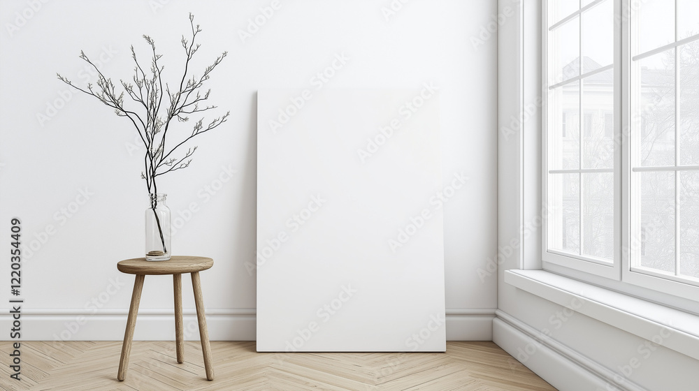 Poster minimalist modern interior with a leaning rectangular canvas against a white wall, complemented by a