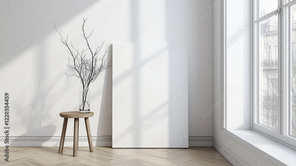 Aufkleber minimalist modern interior with a leaning rectangular canvas against a white wall, complemented by a