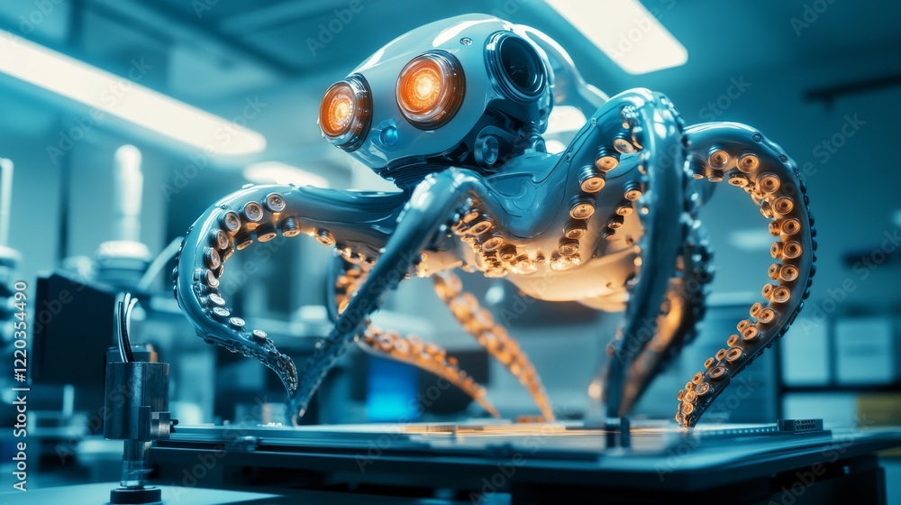 Poster machine learning isometric banner, artificial intelligence science, computer algorithm. octopus robo