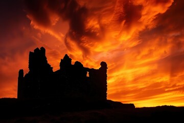 Obraz premium Silhouette of an ancient castle against a vibrant sunset sky with dramatic clouds showcasing nature's beauty at dusk in a tranquil landscape