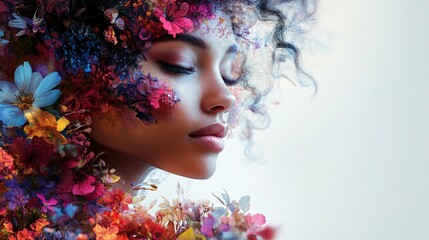 A serene female profile surrounded by vibrant flowers in shades of red, blue, and purple, blending seamlessly with flowing colorful hair, symbolizing beauty and nature's harmony