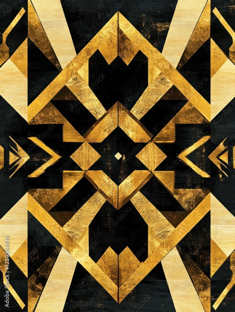 Poster geometric pattern in gold and black with angular shapes and textured surfaces