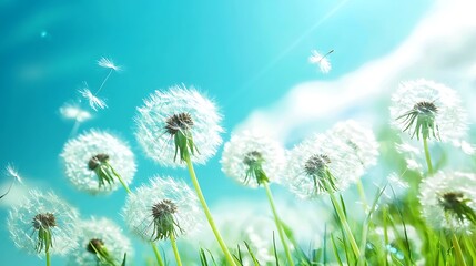 A field of dandelions with a blue sky in the background