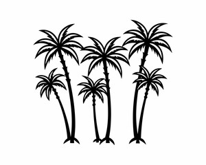 A graphic design featuring three palm trees in silhouette against a white background.