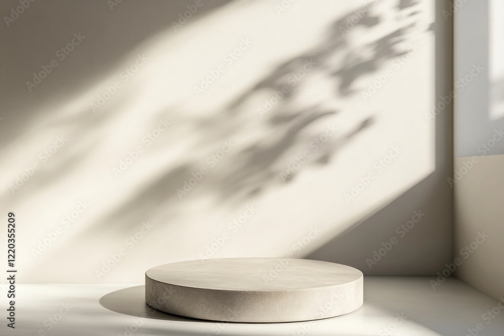Poster minimal abstract background for product presentation, round podium on a white surface with a shadow 