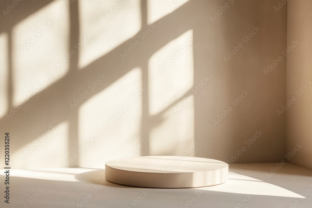 Poster minimal abstract background for product presentation, round podium on a white surface with a shadow 
