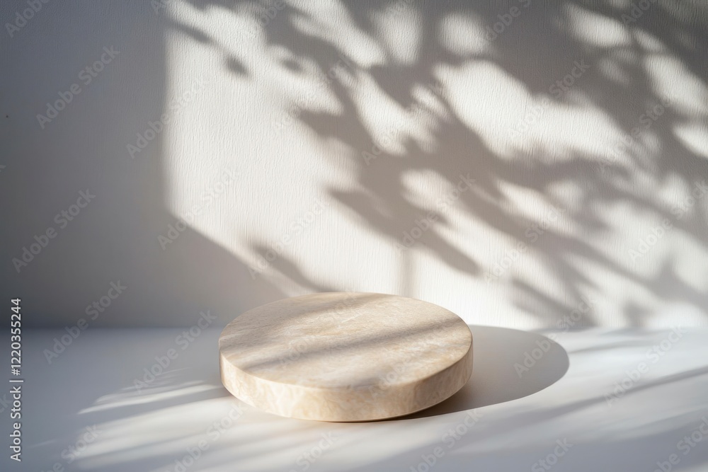 Poster minimal abstract background for product presentation, round podium on a white surface with a shadow 