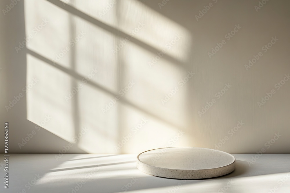 Poster minimal abstract background for product presentation, round podium on a white surface with a shadow 