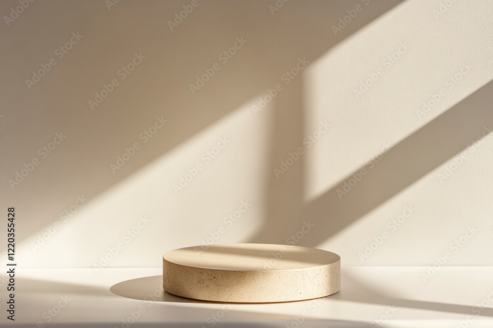 Poster minimal abstract background for product presentation, round podium on a white surface with a shadow 