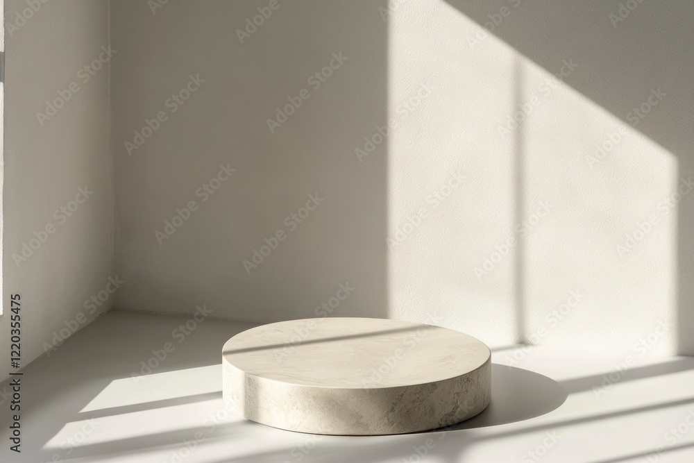Poster minimal abstract background for product presentation, round podium on a white surface with a shadow 