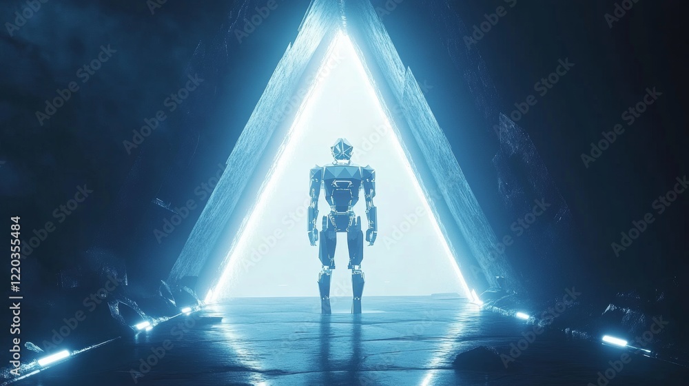 Poster 3d abstract digital ai robot floating above a light blue neon portal. technology innovation backgrou