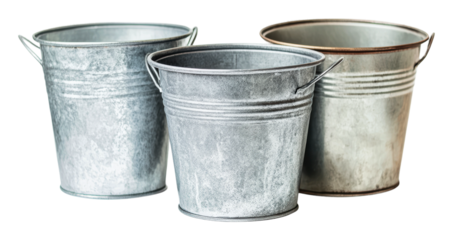 Group of vintage metal buckets in various sizes, cut out - stock png.