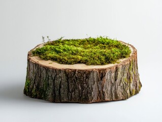 A simple and clean background for product photography, featuring an empty tree stump with moss on the top and sides, set against a white backdrop.