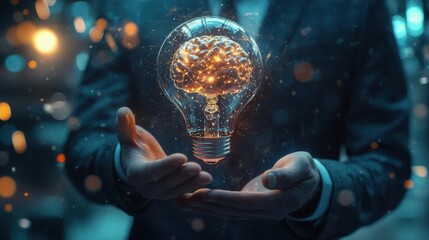 Fototapeta premium Businessman Holding Holographic Lightbulb and Digital Brain, Representing Smart Thinking and Ideas